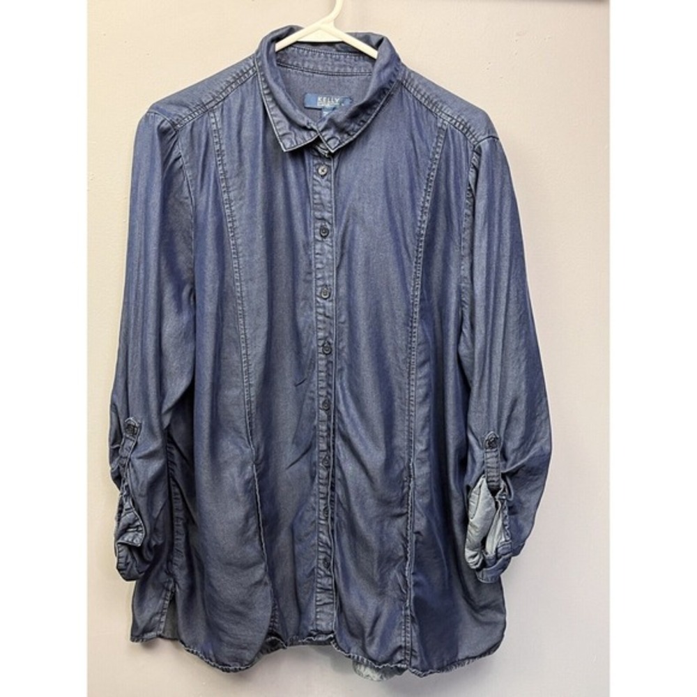 Kelly by Clinton Kelly Blue Tencel Roll Tab Button Down‎ Shirt 18W A289722 AS IS